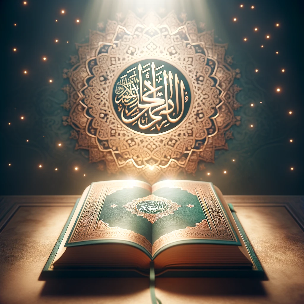 Un Coran ouvert avec de la calligraphie arabe, éclairé d'une lumière divine, symbolisant la révérence et la sainteté du Coran dans l'Islam