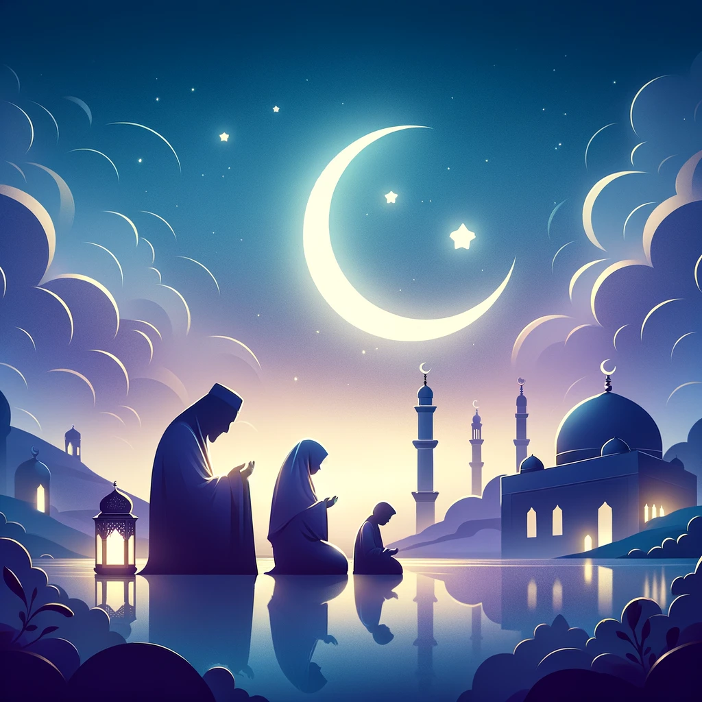 Famille musulmane priant sous une lune lors d'une soirée paisible de Ramadan, symbolisant la spiritualité et la réflexion.